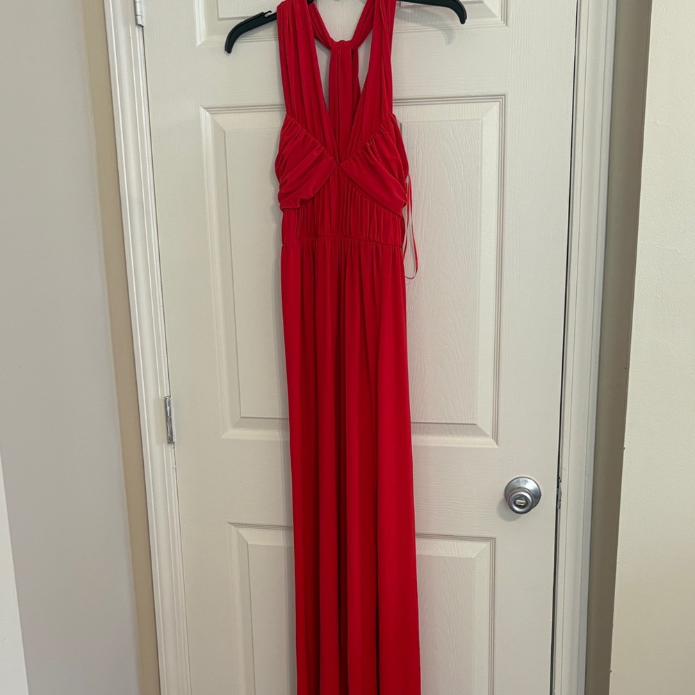 ASOS Vibrant Red Greek Grecian Style Halter Formal Maxi Pleats Ruched Dress Gown